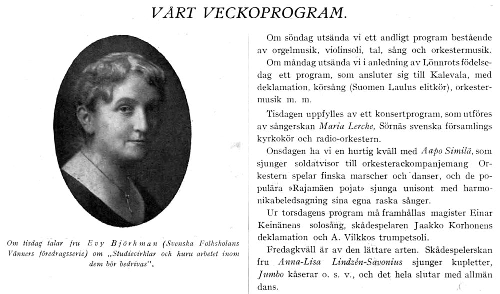 Evy Björkman i Rundradions veckoblad år 1929.