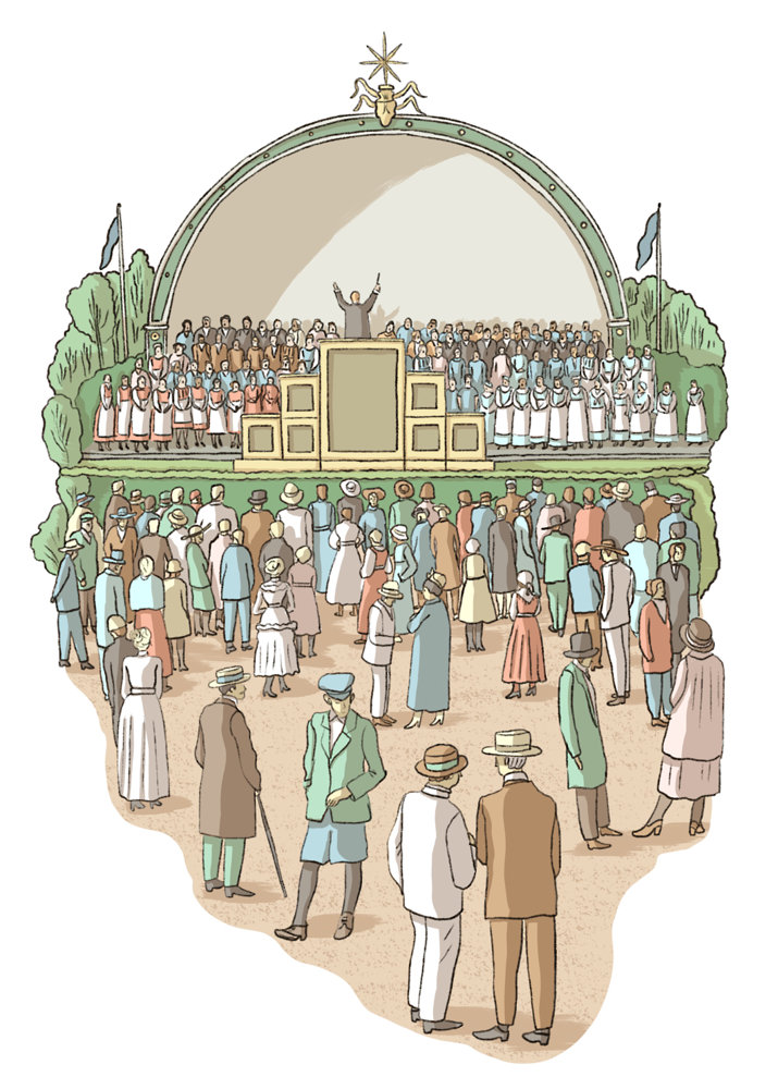 Bilden är en ritad illustration av en sångfest i pastelltoner. Man ser en scen med grön inramning och på scenen en dirigent i en en hög talarstol soms tår med armarna uppsträckta. På scenen står människor i flera rader och sjunger. Framför scenen står andra människor och lyssnar. Bred vid scenen står gröna träd.