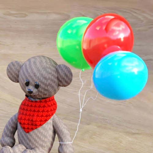 en teddybjörn håller i tre färgglada ballonger